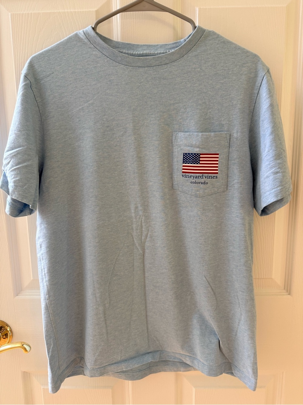 Vineyard Vines Sky Blue Short Sleeve Pocket Tee with Flag Patch